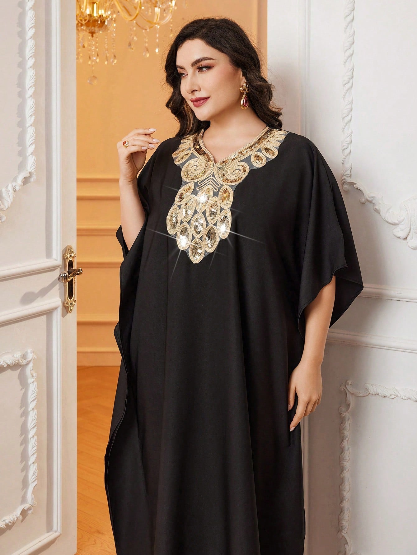 SHEIN Najma Women'S plus Size Stitched Sequined Batwing Sleeve Arabian Clothing