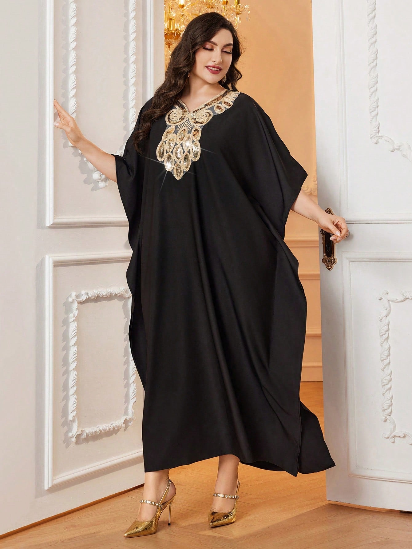 SHEIN Najma Women'S plus Size Stitched Sequined Batwing Sleeve Arabian Clothing