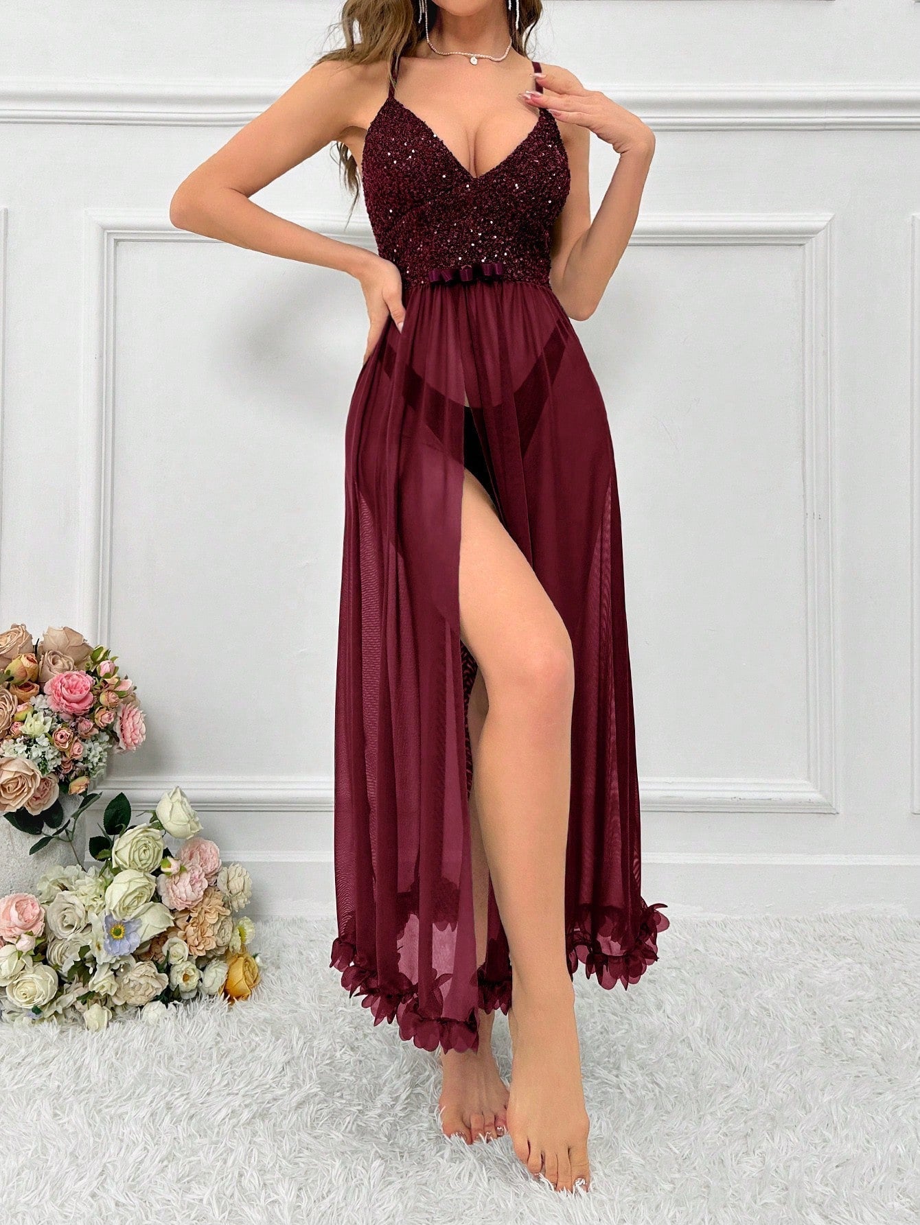 Women'S Glittery Splice Strap Nightgown for Home and Sleepwear
