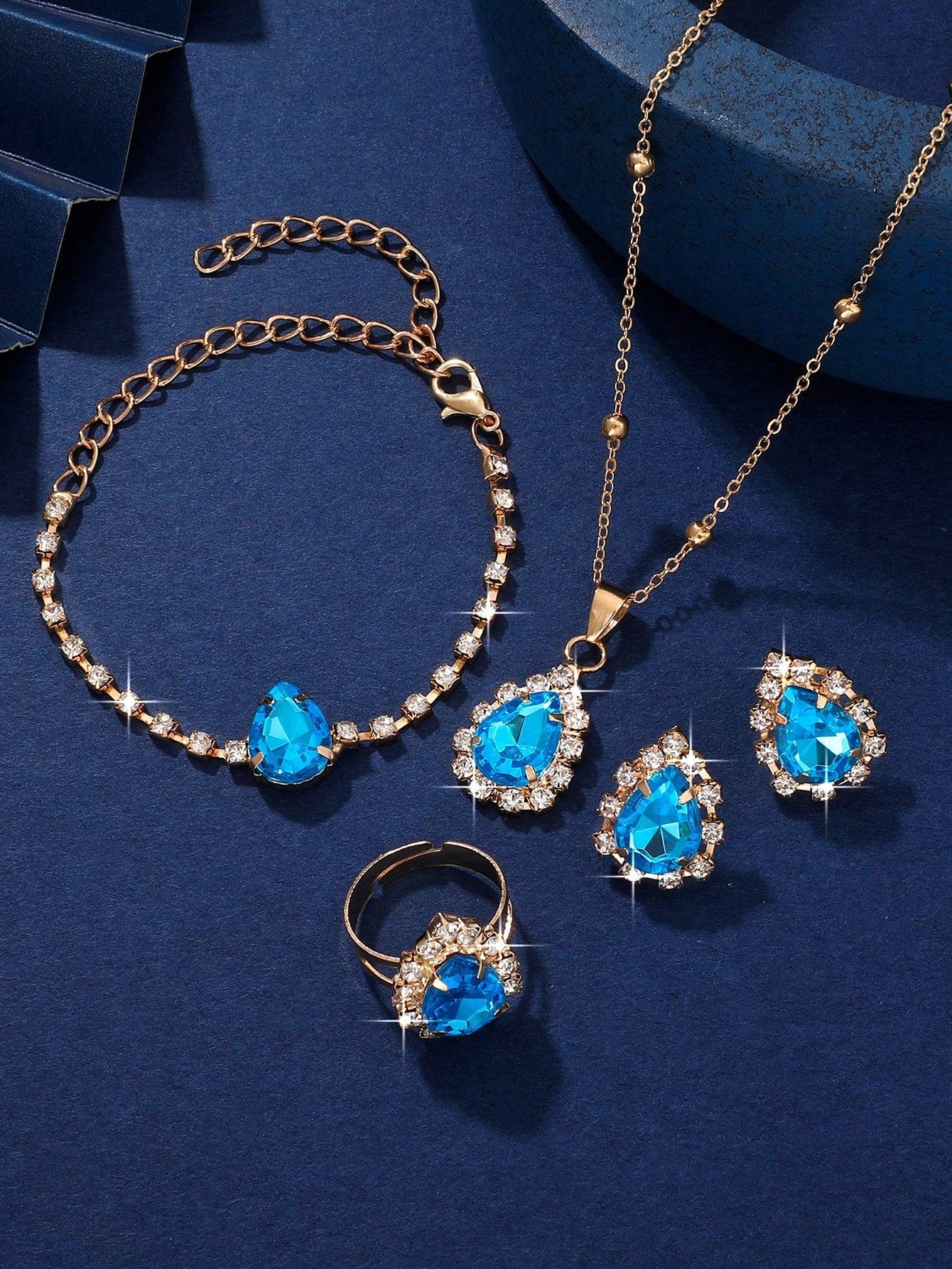 5Pcs Women'S Water Drop Shaped Rhinestone Jewelry Set