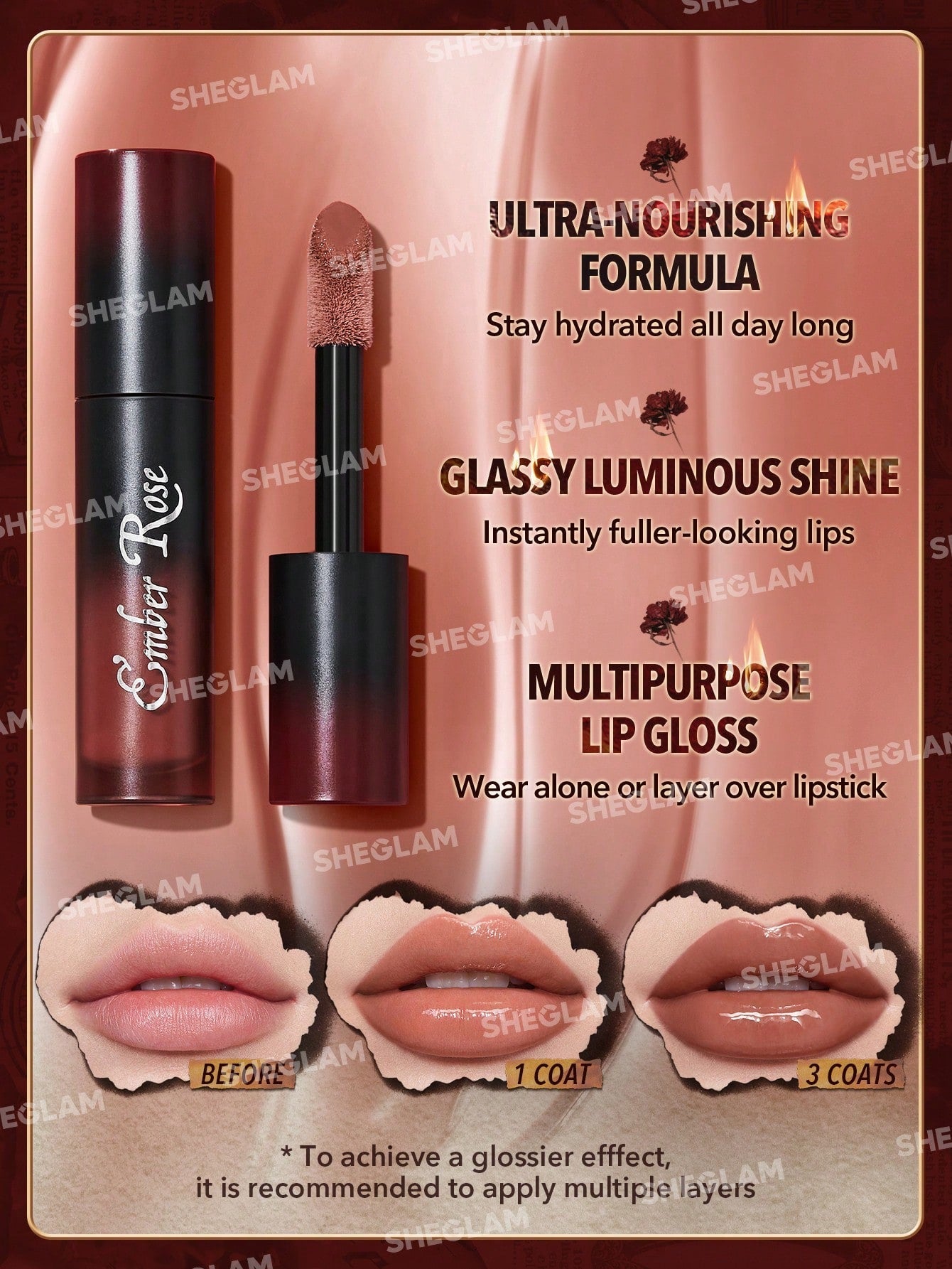 SHEGLAM Ember Rose Immortal Love Nourishing Lip Gloss-Amor Valentines Gift Nude Liquid Lipstick High Shine Finish Ultra Moisturizing Lip Glaze Luminous Shine Non-Sticky Li Makeup