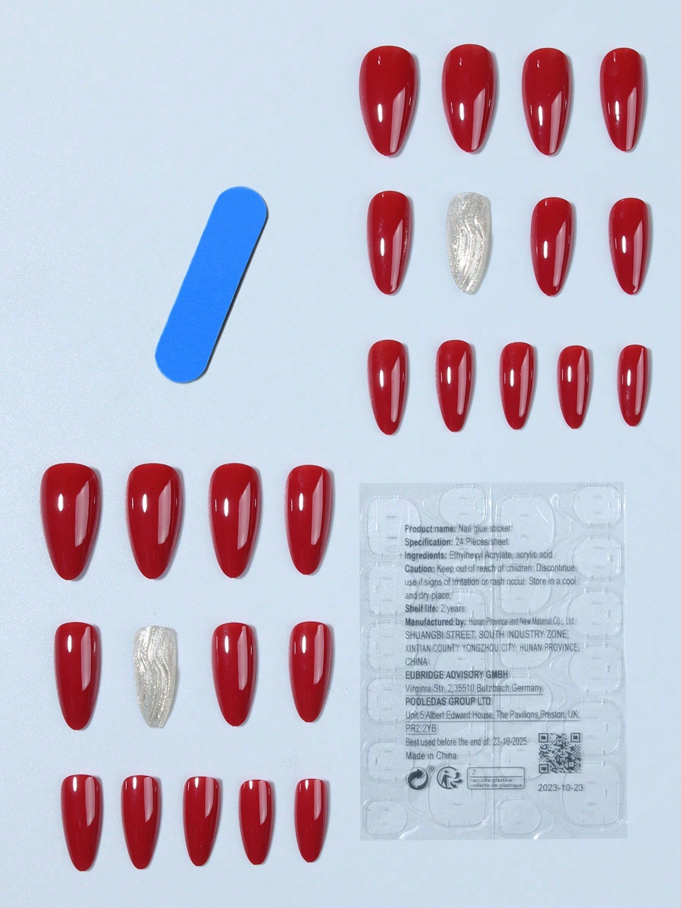 26Pcs Press on Nails Long Almond Red & 3D Water Ripples Design Fake Nail Set , Contain 1Pcs Jelly Glue and 1Pcs Nail File, for Nail Art Decorations by Women & Girls