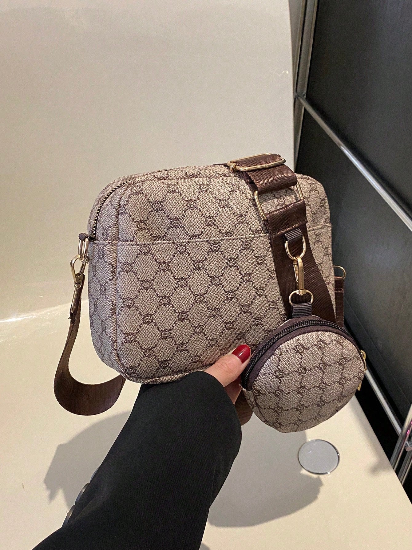 Mini Geometric Pattern Square Bag with Coin Purse , Women Bag with Dime Bag