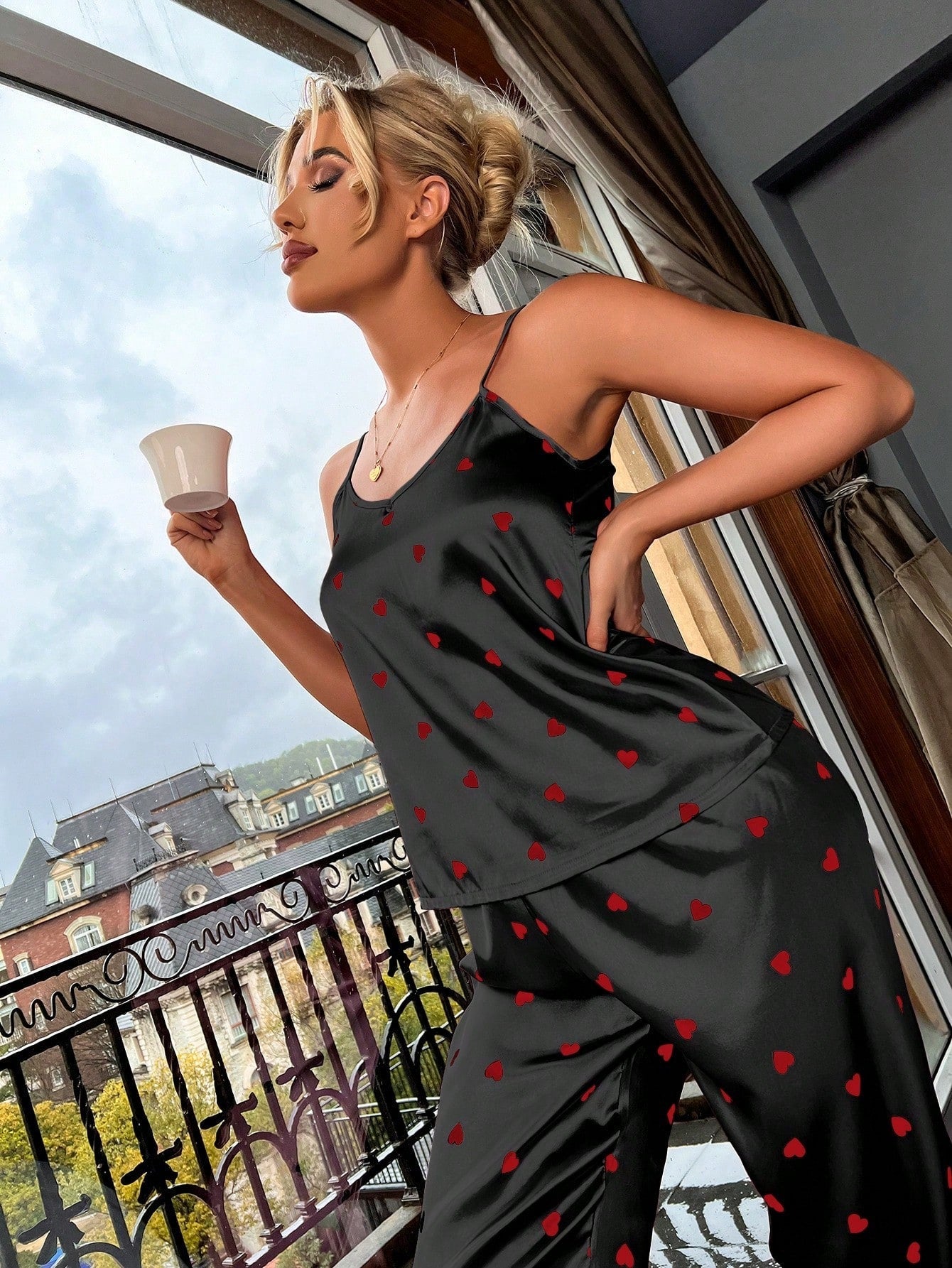 Heart Print Satin Cami Top & Pants PJ Set