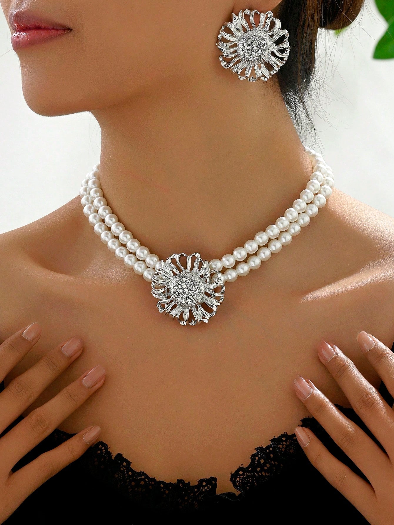 2Pcs Jewelry Set Including 1Pc Pearl Necklace & 1Pair Earrings, Vintage Style Elegant Necklace with Granny Green Stone Women'S Set(2-3Pcs/Set), Also Can Be Sold Separately
