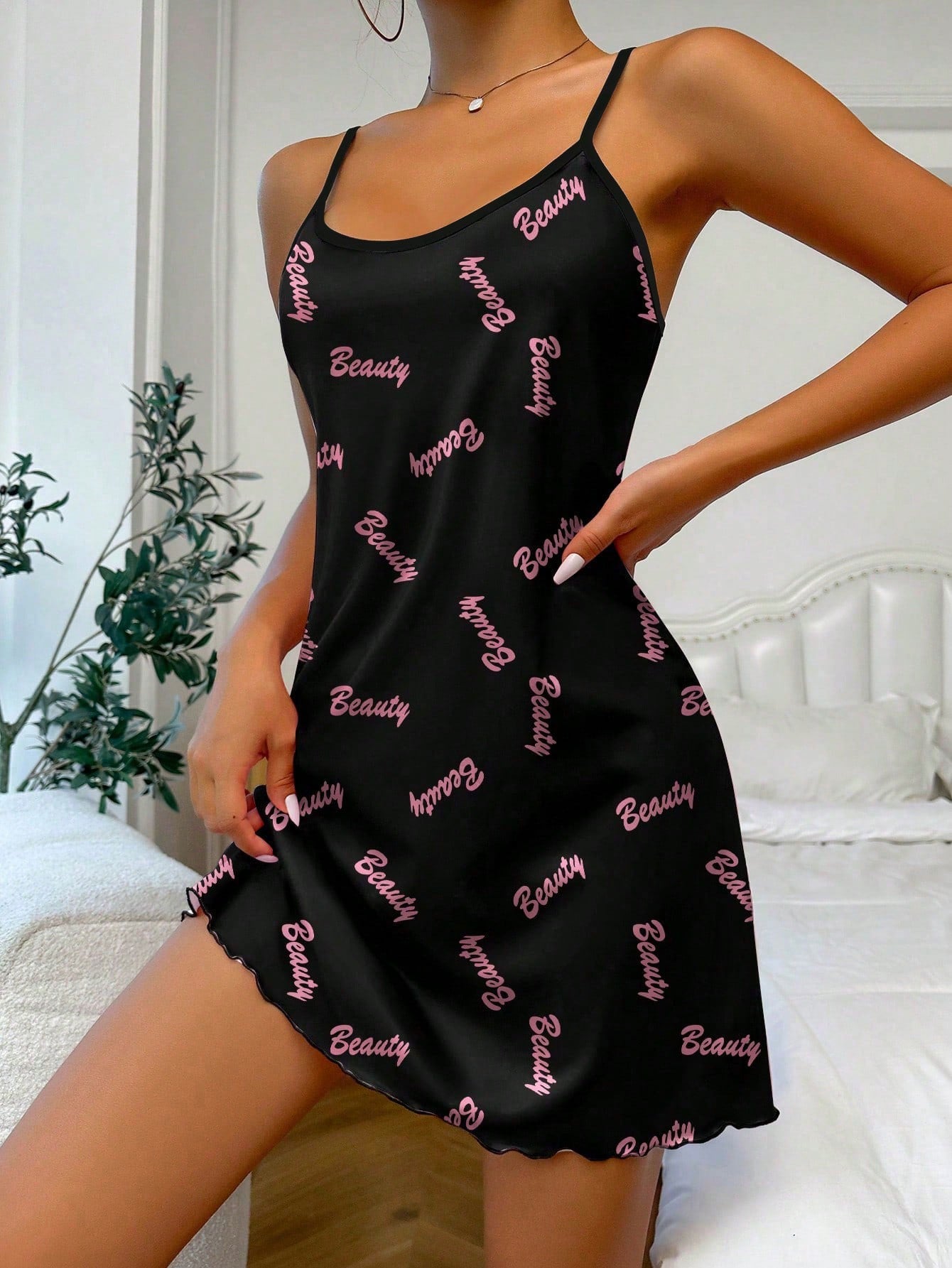 Letter Graphic Ruffle Hem Cami Nightdress