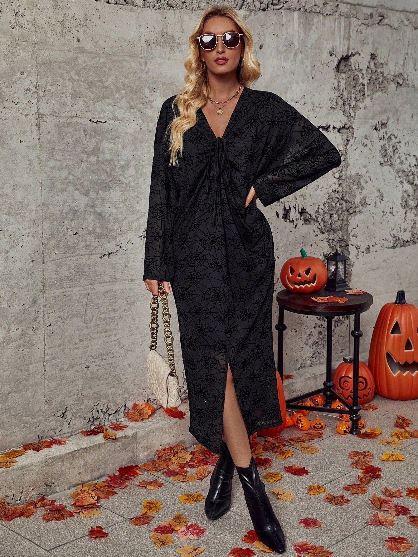 SHEIN Clasi Halloween Spider Web Jacquard Drawstring Front Batwing Sleeve Split Hem Dress