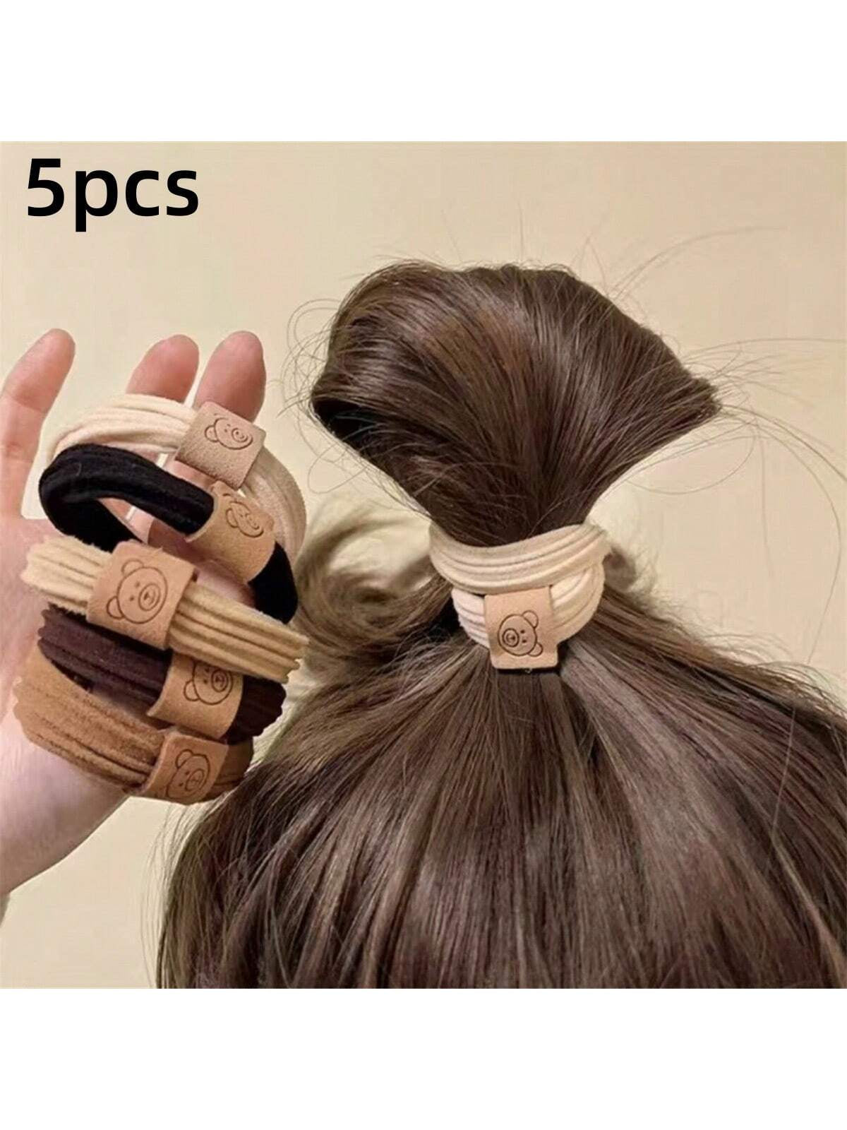 5Pcs Cute Bear Pattern Hair Tie Solid Color Elastic Hair Rope Ponytail Holder Girls Hair Accessories