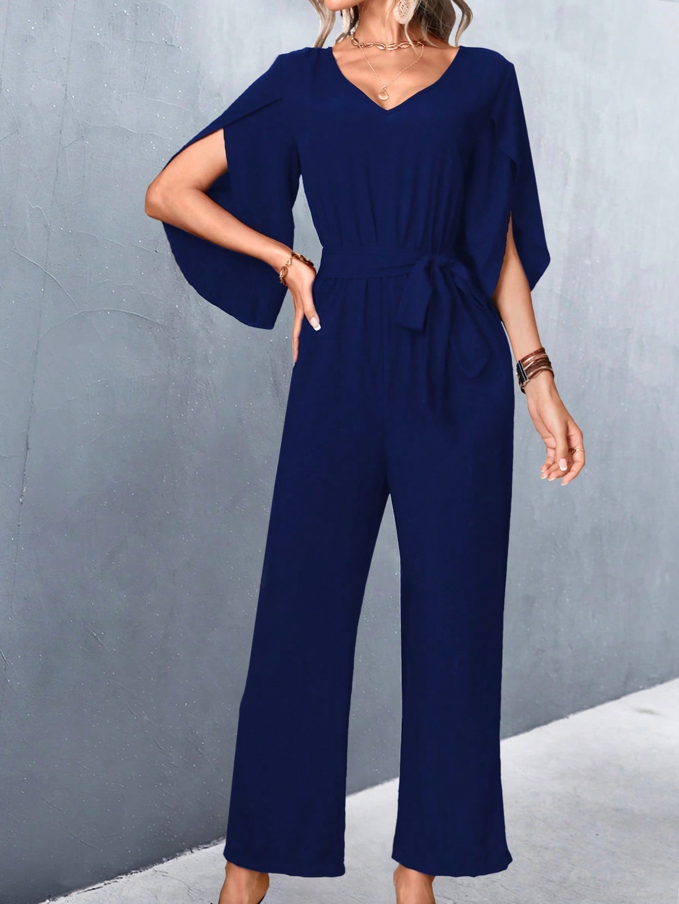 SHEIN Privé Solid Petal Sleeve Belted Jumpsuit