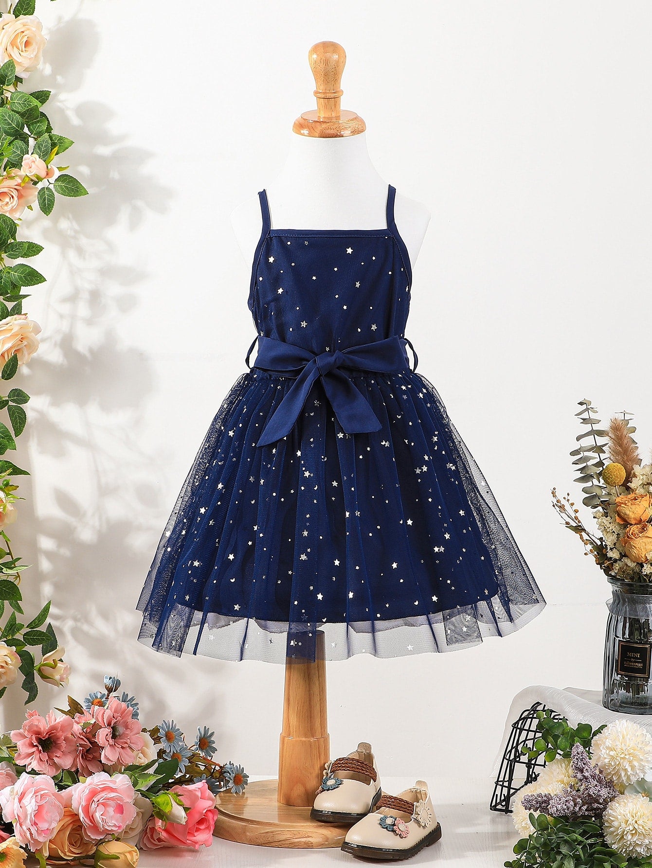 SHEIN Kids CHARMNG Young Girl Star Mesh Overlay Belted Cami Dress
