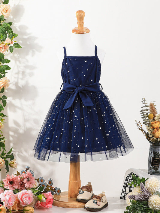 SHEIN Kids CHARMNG Young Girl Star Mesh Overlay Belted Cami Dress