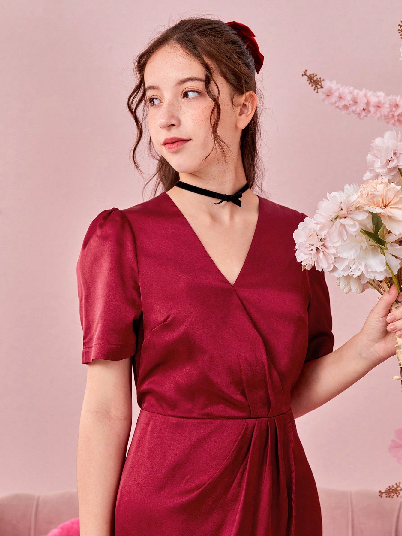 Teen Girls' V-Neck Puff Sleeve Asymmetrical Hem Evening Party Cocktail Dress