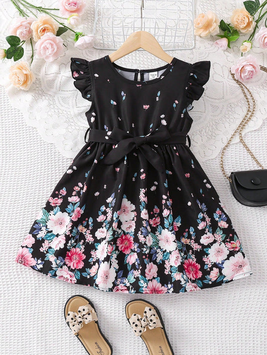 SHEIN Kids CHARMNG Toddler Girls Floral Print Ruffle Trim Belted Dress