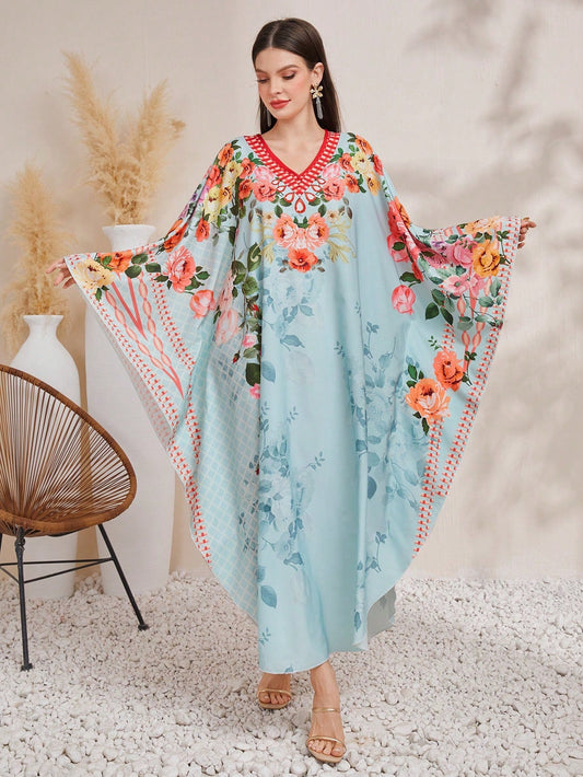 SHEIN Najma Women'S Flower Print Batwing Sleeve Maxi Robe