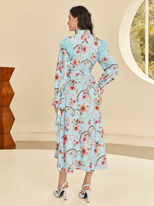 SHEIN Modely Chain and Floral Print Lantern Sleeve Dress