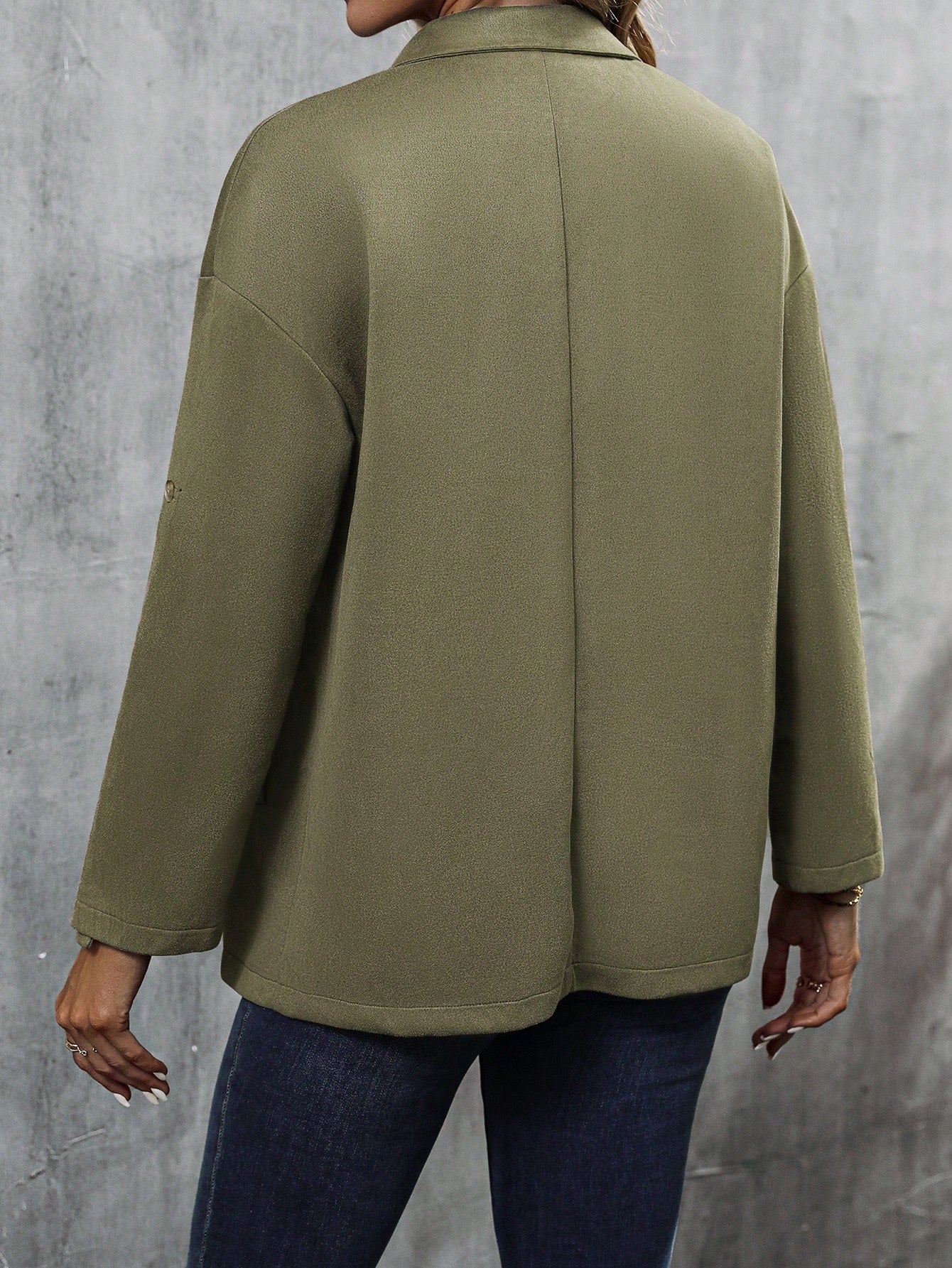 Waterfall Collar Roll Tab Sleeve Open Front Jacket