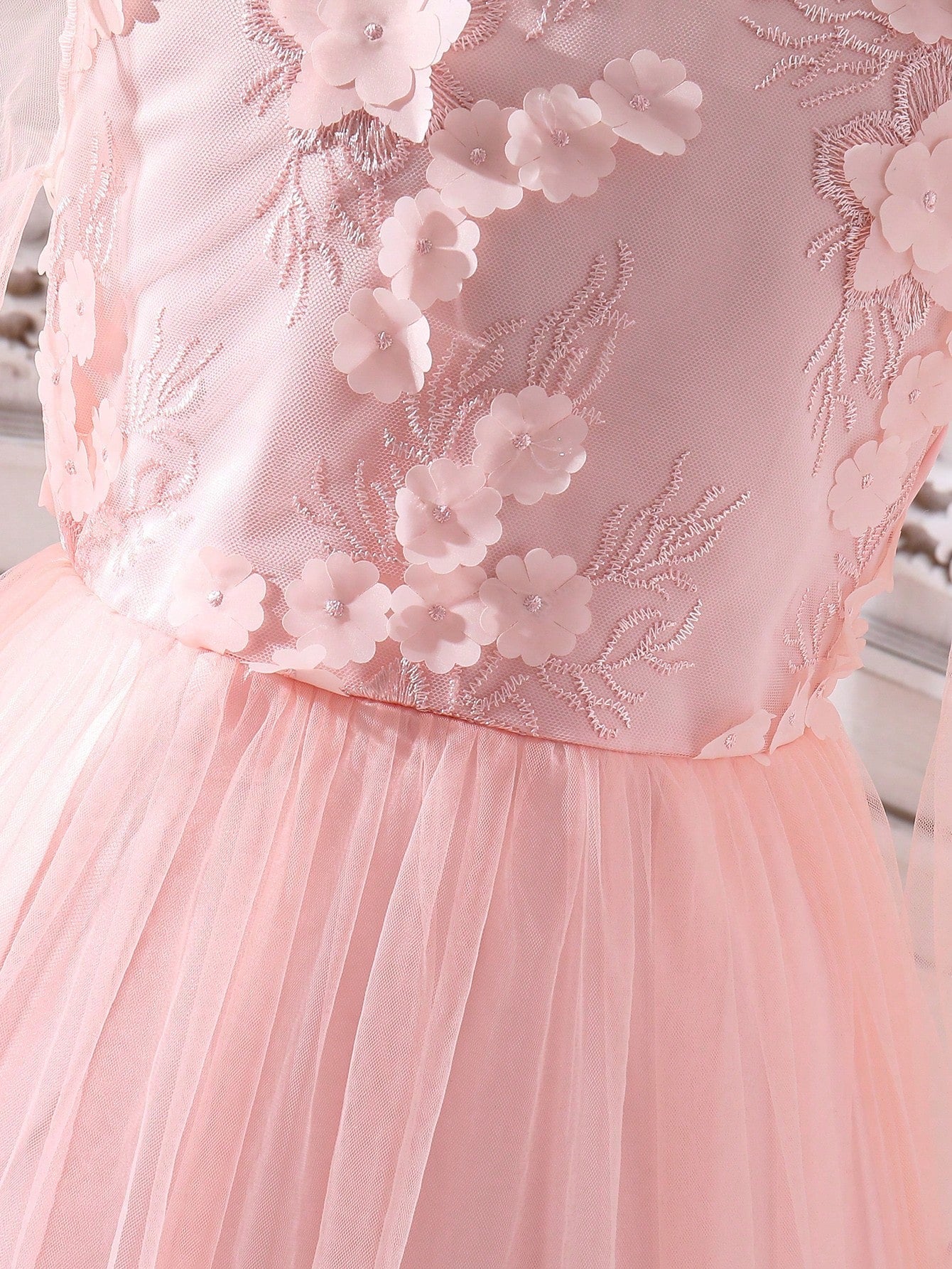 Tween Girl Floral Applique Mesh Puffy Dress