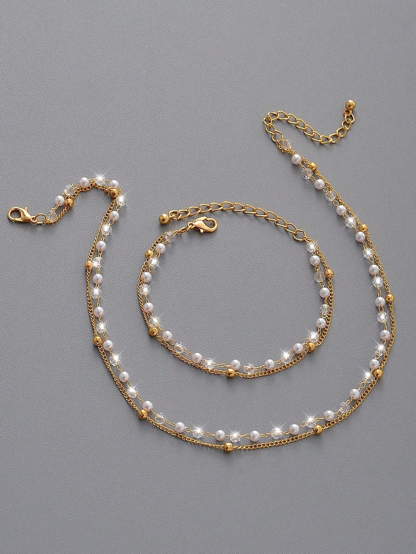 2Pcs Fashionable Luxurious Style Crystal & Faux Pearl Decorated Bracelet & Necklace Set for Women & Girls Suitable for Dating, Holiday, Party, Gift, and Daily Wear
