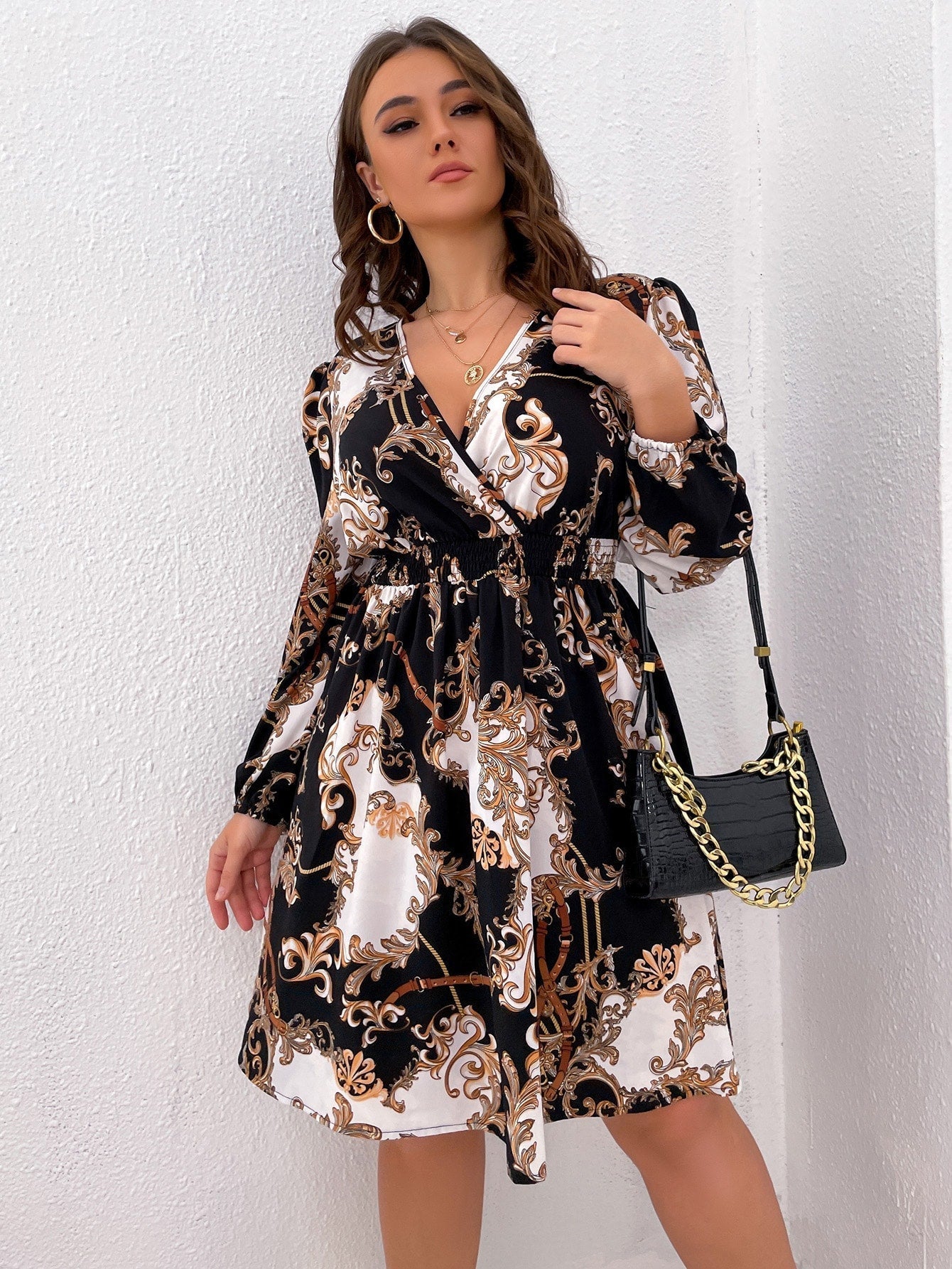 Plus Baroque Print Surplice Neck Shirred Bishop Sleeve Dress