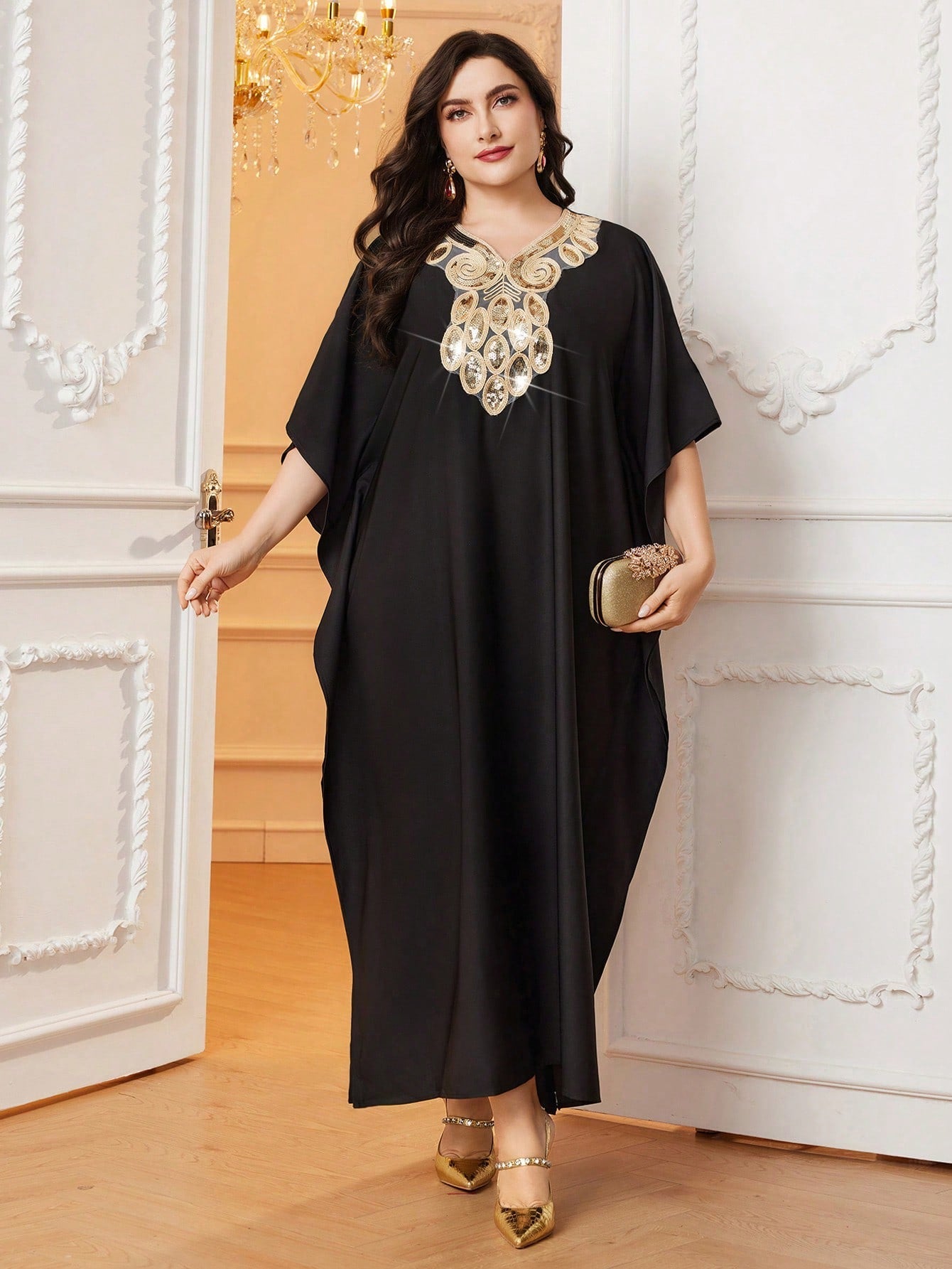 SHEIN Najma Women'S plus Size Stitched Sequined Batwing Sleeve Arabian Clothing