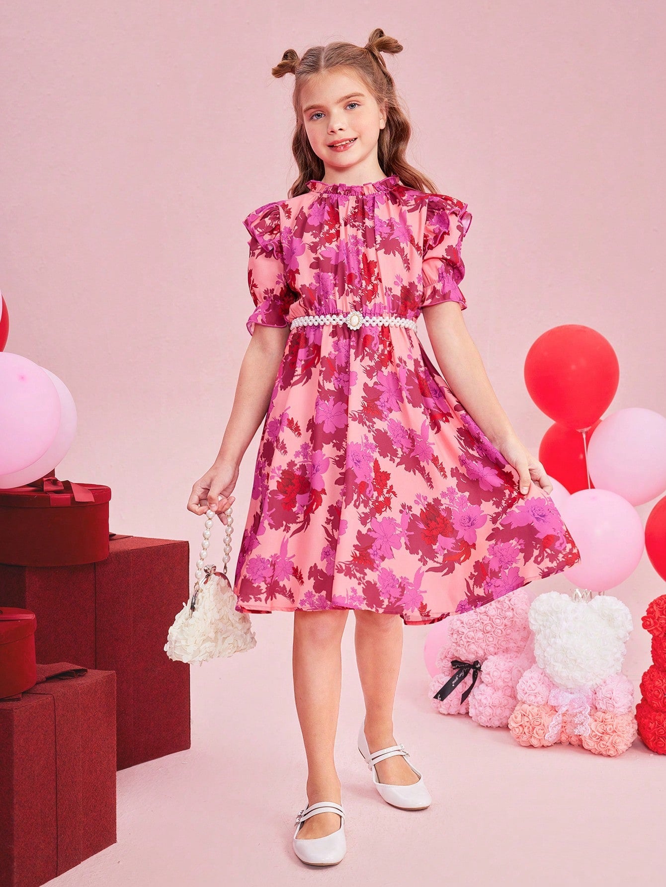 SHEIN Kids CHARMNG Big Girls' Woven Flower Pattern Short Sleeve Dress with Ruffle Hem and Peter Pan Collar