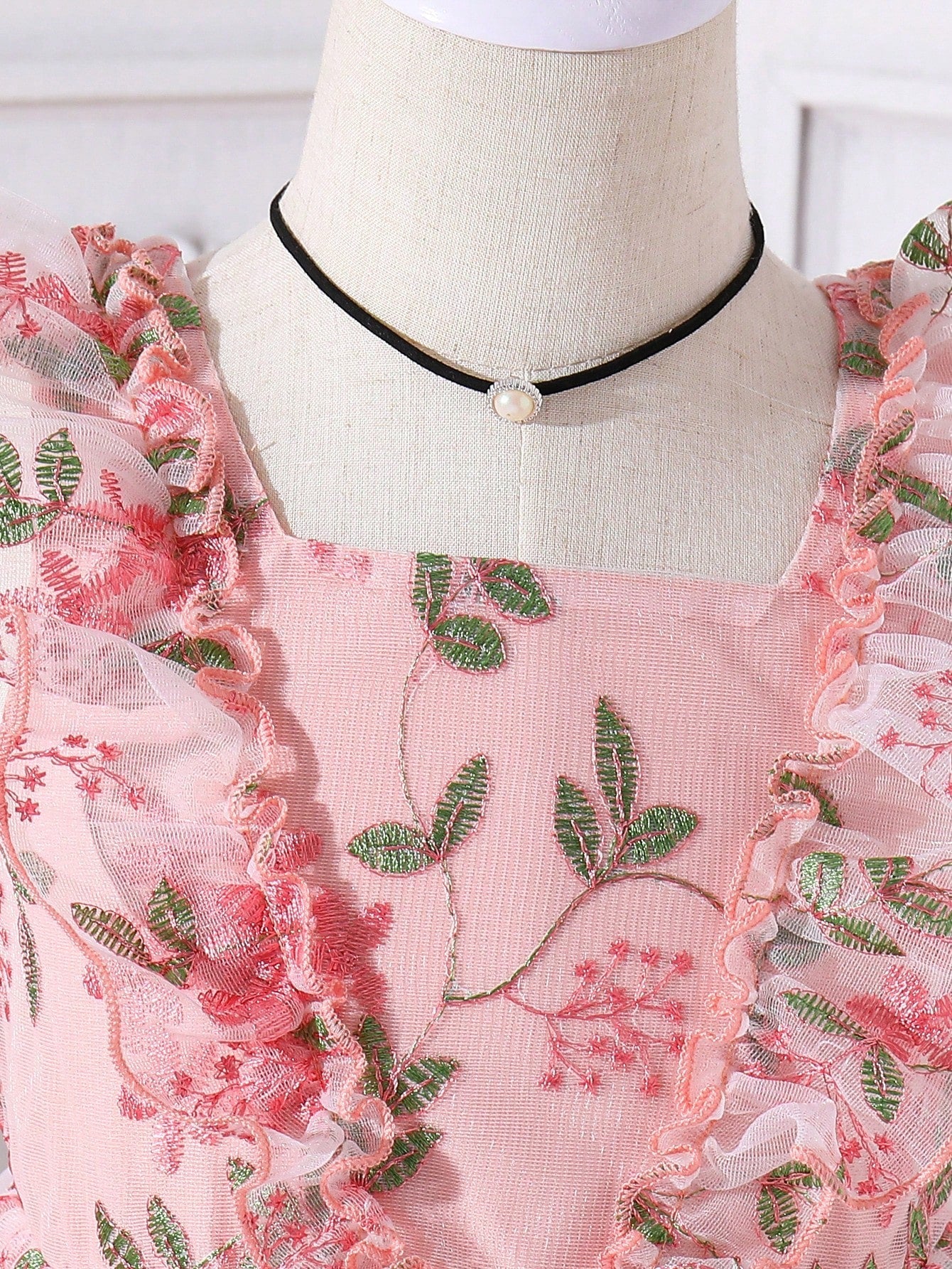 Young Girl'S Elegant Floral Embroidery Tulle Dress with Puff Sleeves and Petticoat, Perfect for Wedding, Flower Girl, Birthday, Party, Vacation, Sweet Summer Blush Outfit