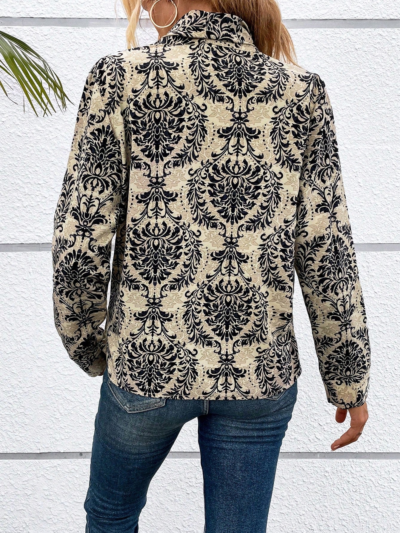 SHEIN LUNE Damask Print Shawl Collar Blouse