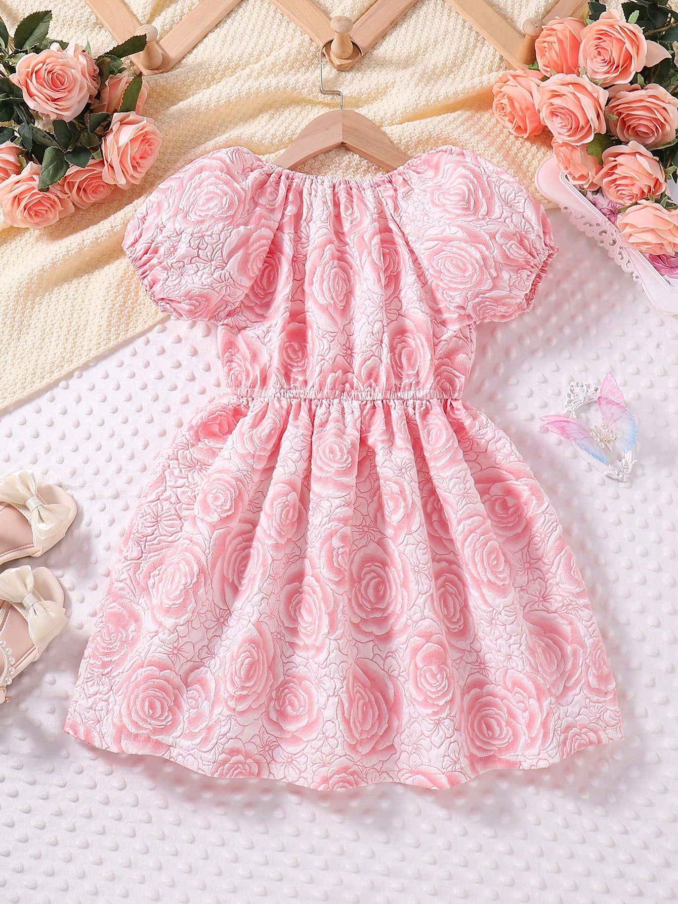 SHEIN Kids CHARMNG Little Girls' Romantic & Gorgeous Floral Print Puff Sleeve A-Line Party Dress for Spring/Summer