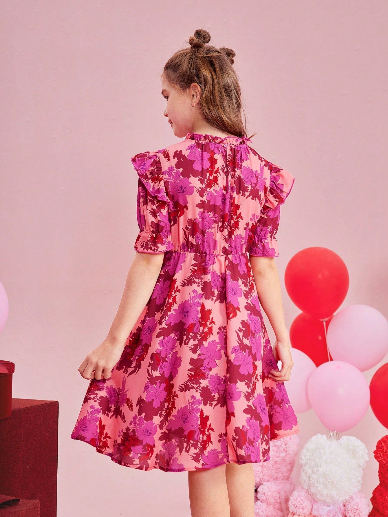 SHEIN Kids CHARMNG Big Girls' Woven Flower Pattern Short Sleeve Dress with Ruffle Hem and Peter Pan Collar