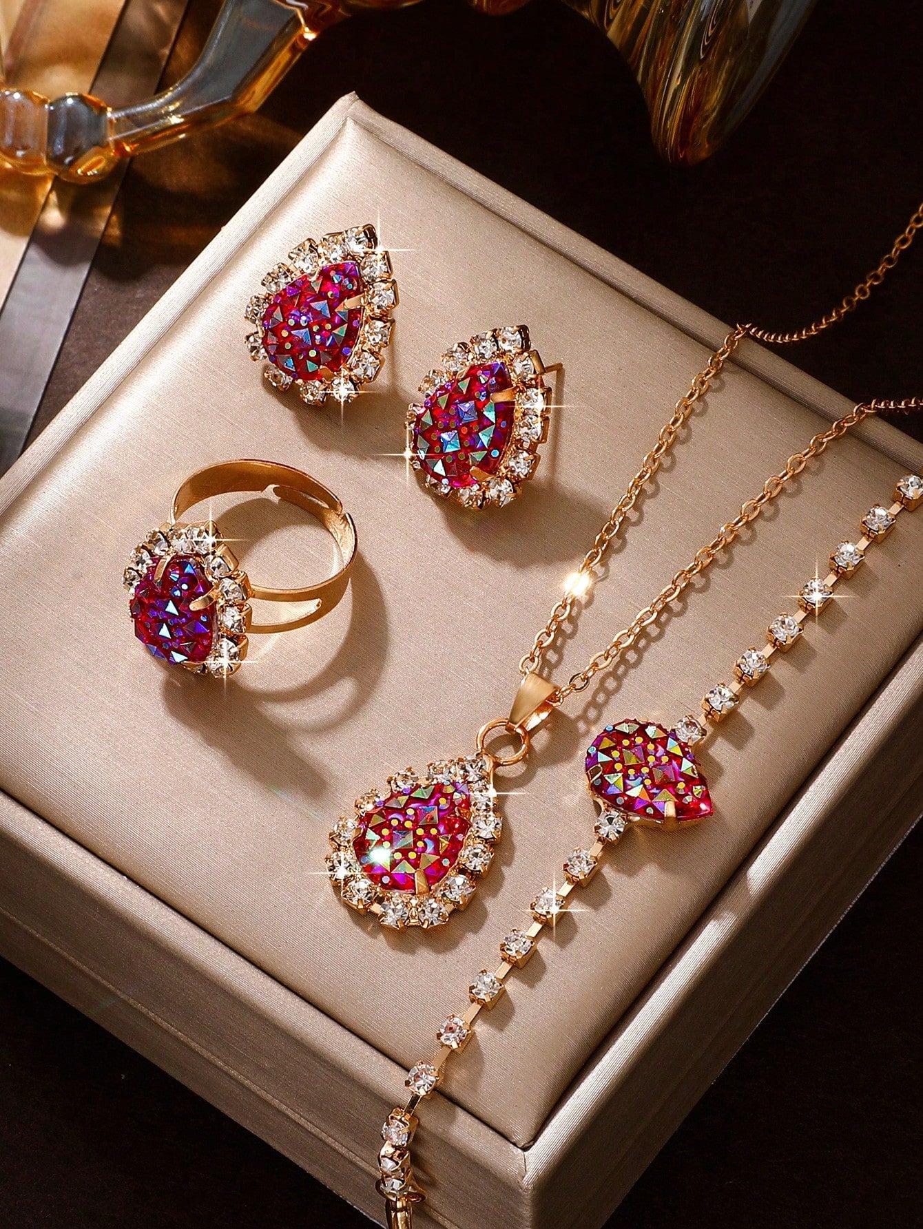 5Pcs Women'S Teardrop Rhinestone Jewelry Set