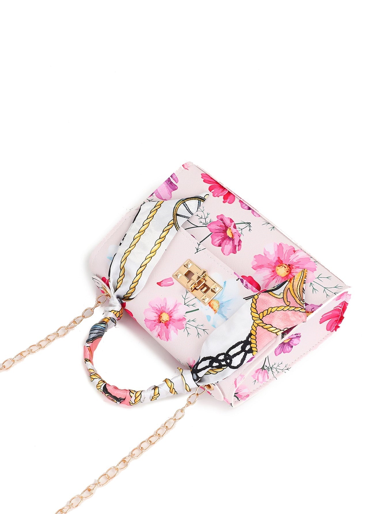 Silk Scarf Accessory Chain Embossed Pu Leather Floral Printed Handbag