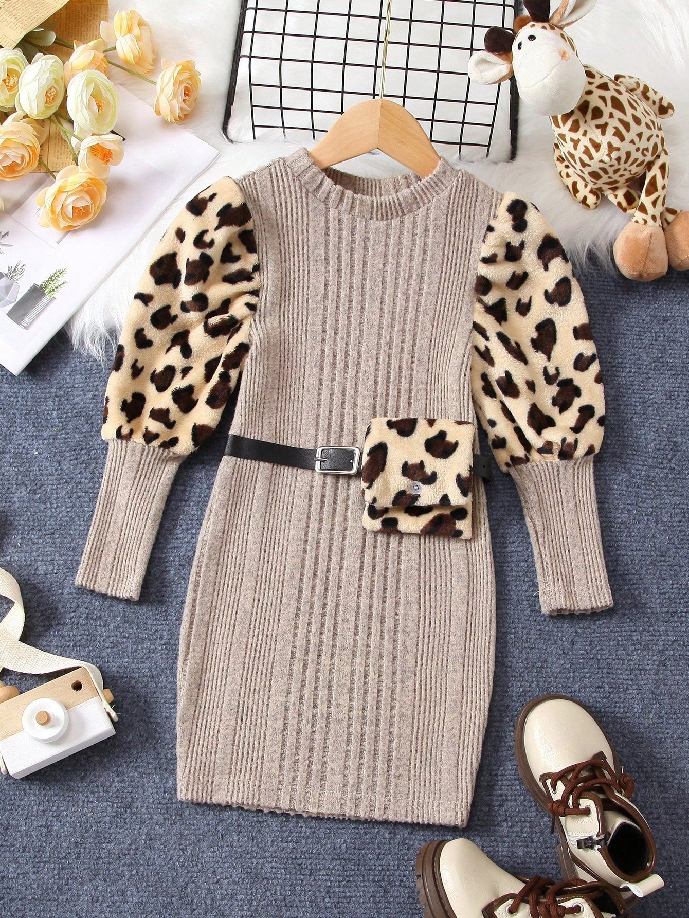 Young Girl Leopard Print Gigot Sleeve Dress with Belt Bag
