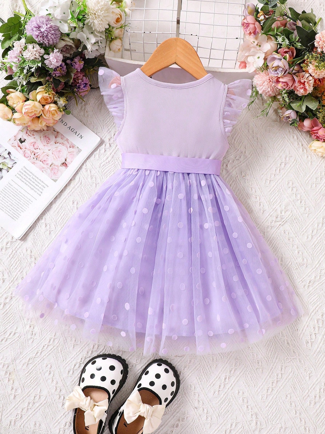 SHEIN Kids CHARMNG Young Girl Polka Dot Mesh Overlay Ruffle Trim Dress