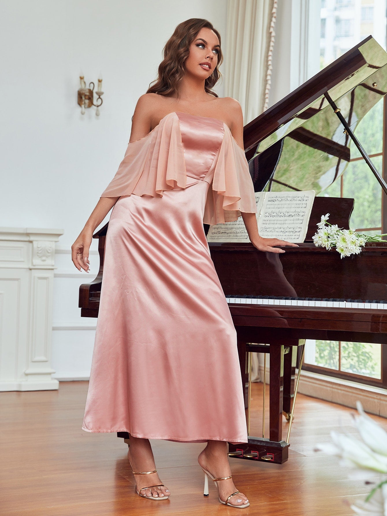 SHEIN Belle off Shoulder Overlay Satin Bridesmaid Dress
