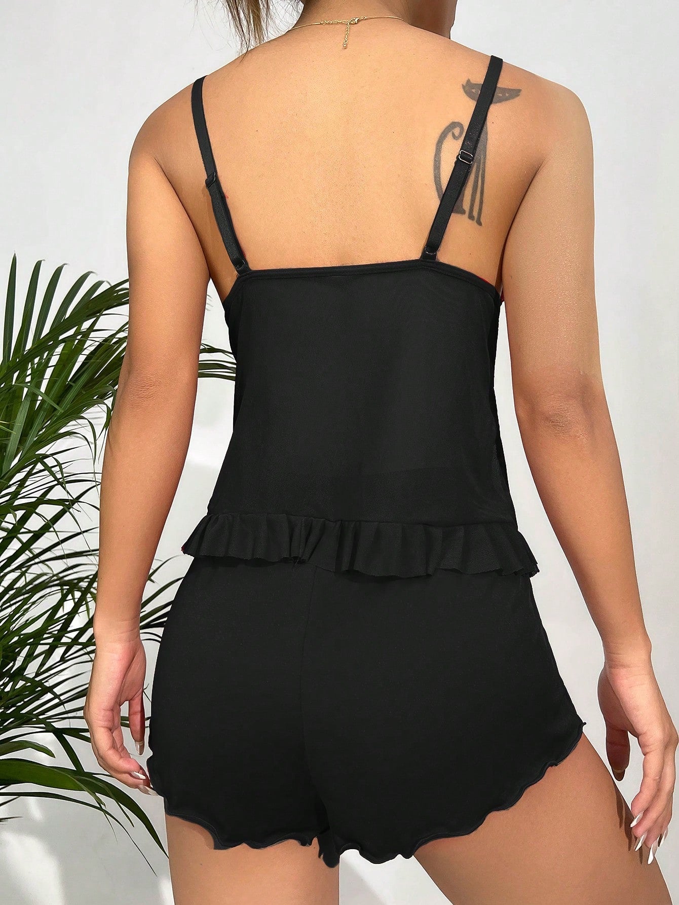 Contrast Lace Ruffle Hem Cami Top & Shorts PJ Set