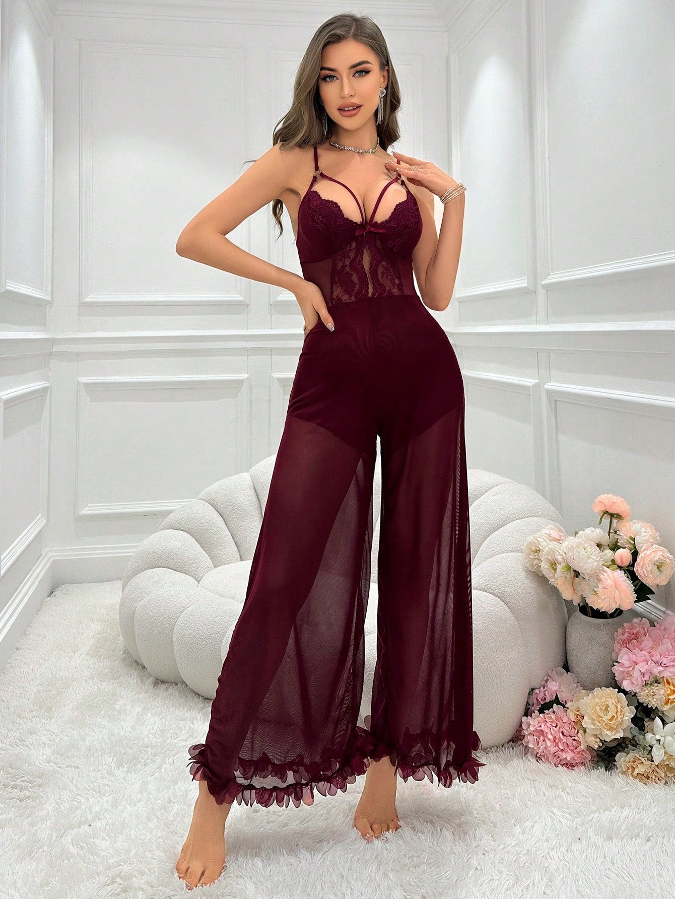 Lace Detailing Hollow Out Mesh Cami Jumpsuit