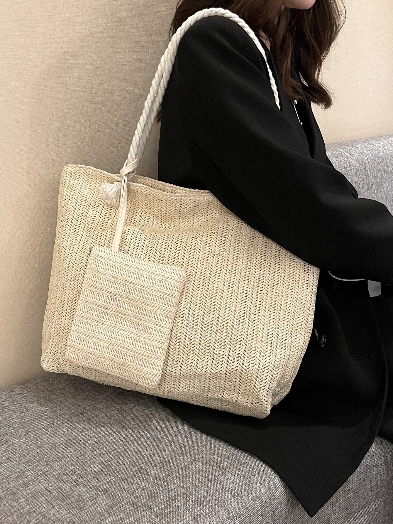 Lightweight, Casual Minimalist Straw Bag with Coin Purse for Teen Girls Women College Students Perfect for College,Outdoors, Travel, Outings , Women Bag with Dime Bag