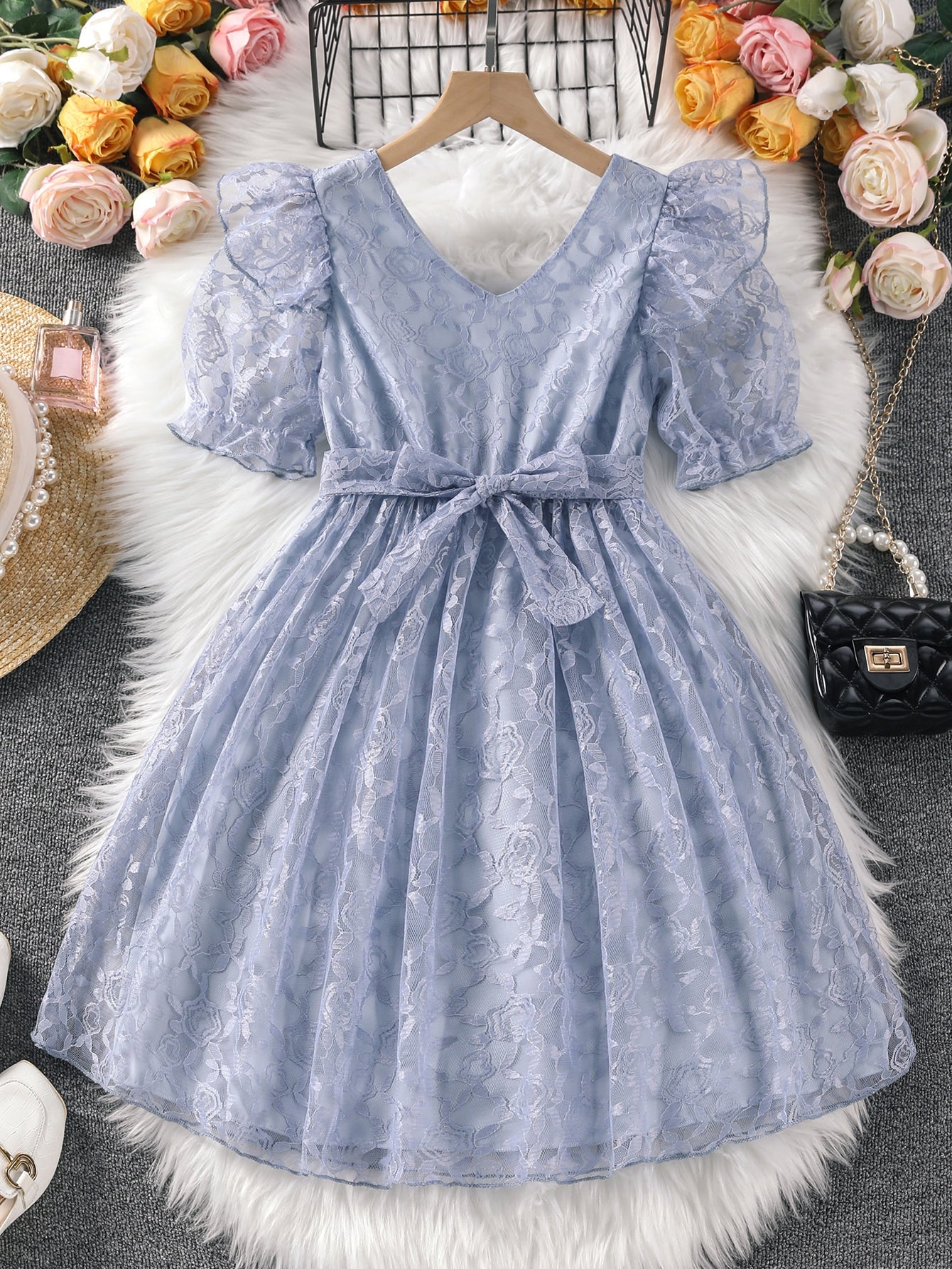 Girls Puff Sleeve Ruffle Trim Belted Lace Dress