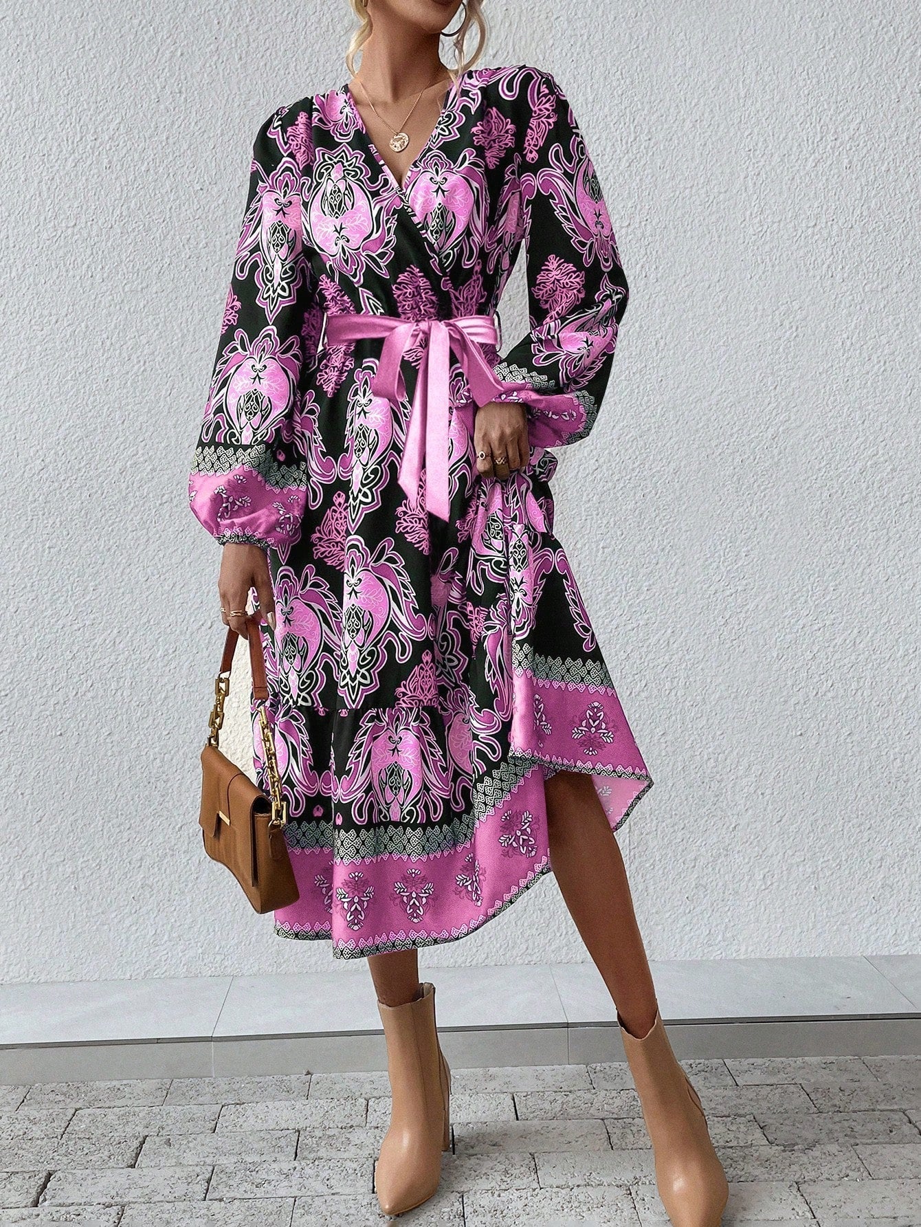 Full Printed V-Neck Lantern Sleeve Dress with Waist Belt