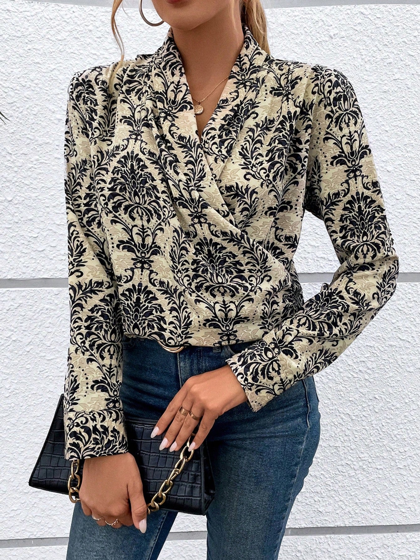 SHEIN LUNE Damask Print Shawl Collar Blouse