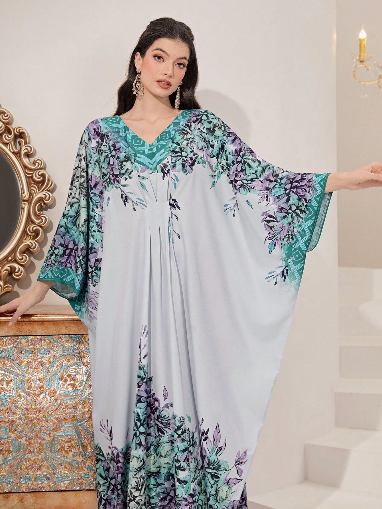 SHEIN Najma Floral Print Batwing Sleeve Kaftan