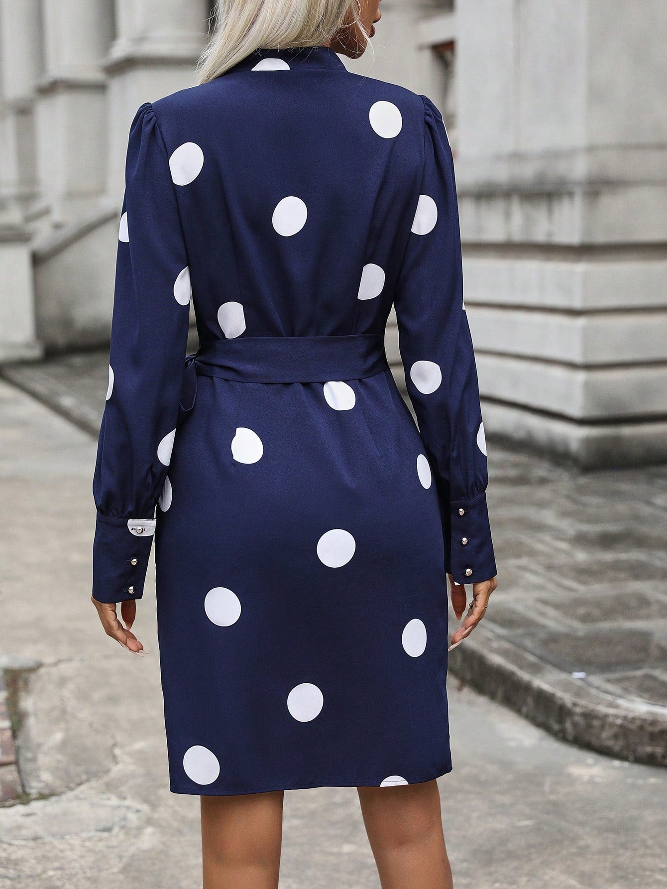 SHEIN LUNE Polka Dot Print Knot Side Wrap Dress