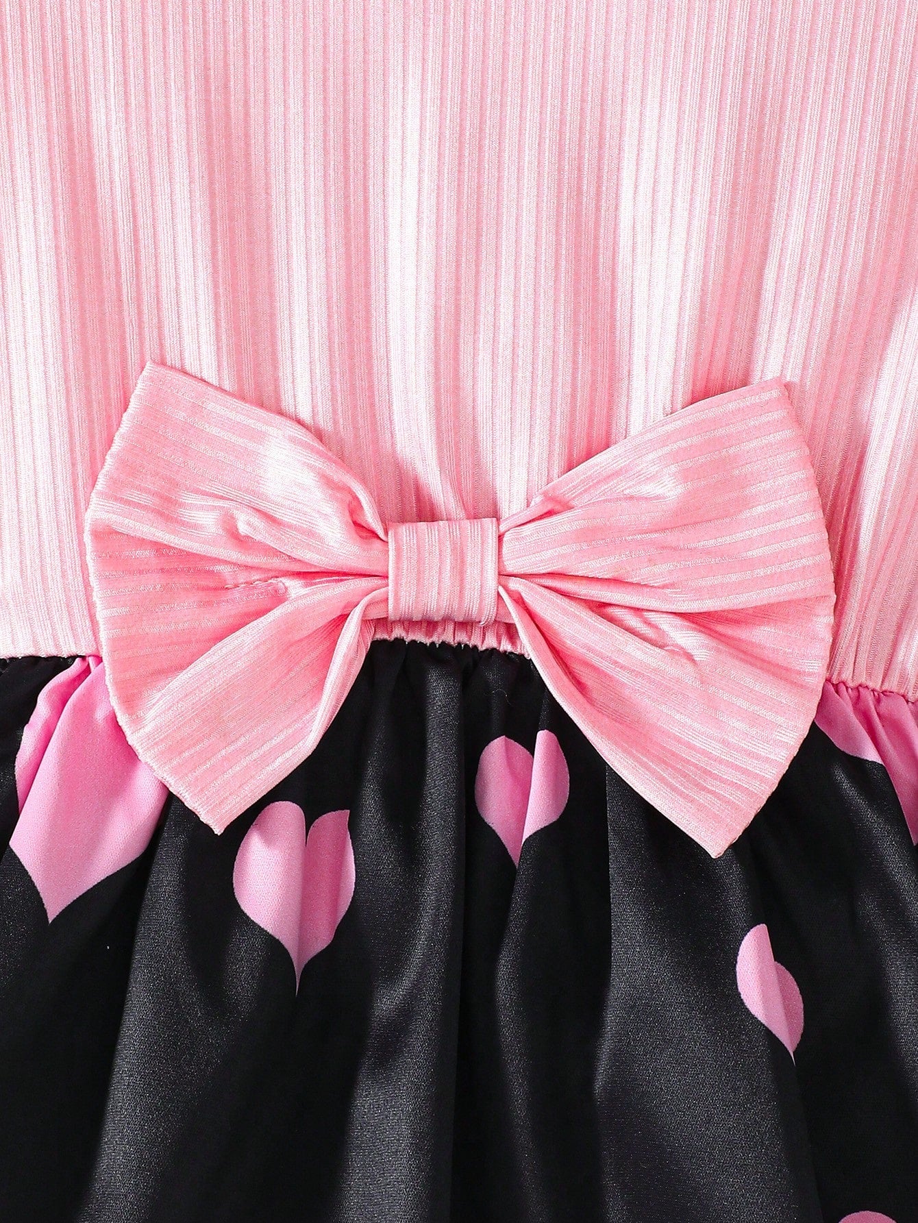 Toddler Girls' Color-Contrast Cartoon Heart Print Patchwork Puff Sleeve Dress with Bow Belt