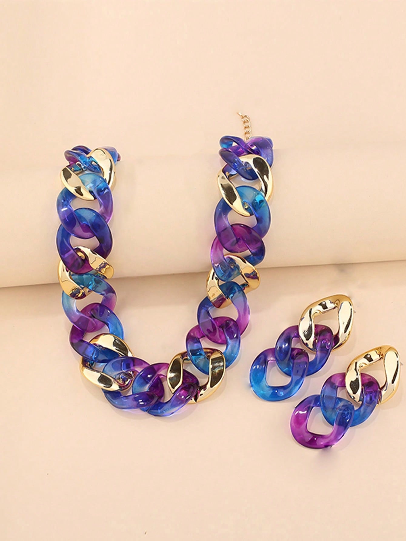 1Pc Fashion Polyresin Chain Necklace & 1Pair Drop Earrings for Women for Daily Decoration