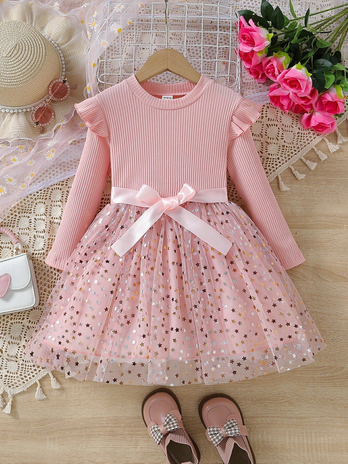 Little Girl'S Knitted Long-Sleeved Tutu Skirt Star Mesh Princess Dress