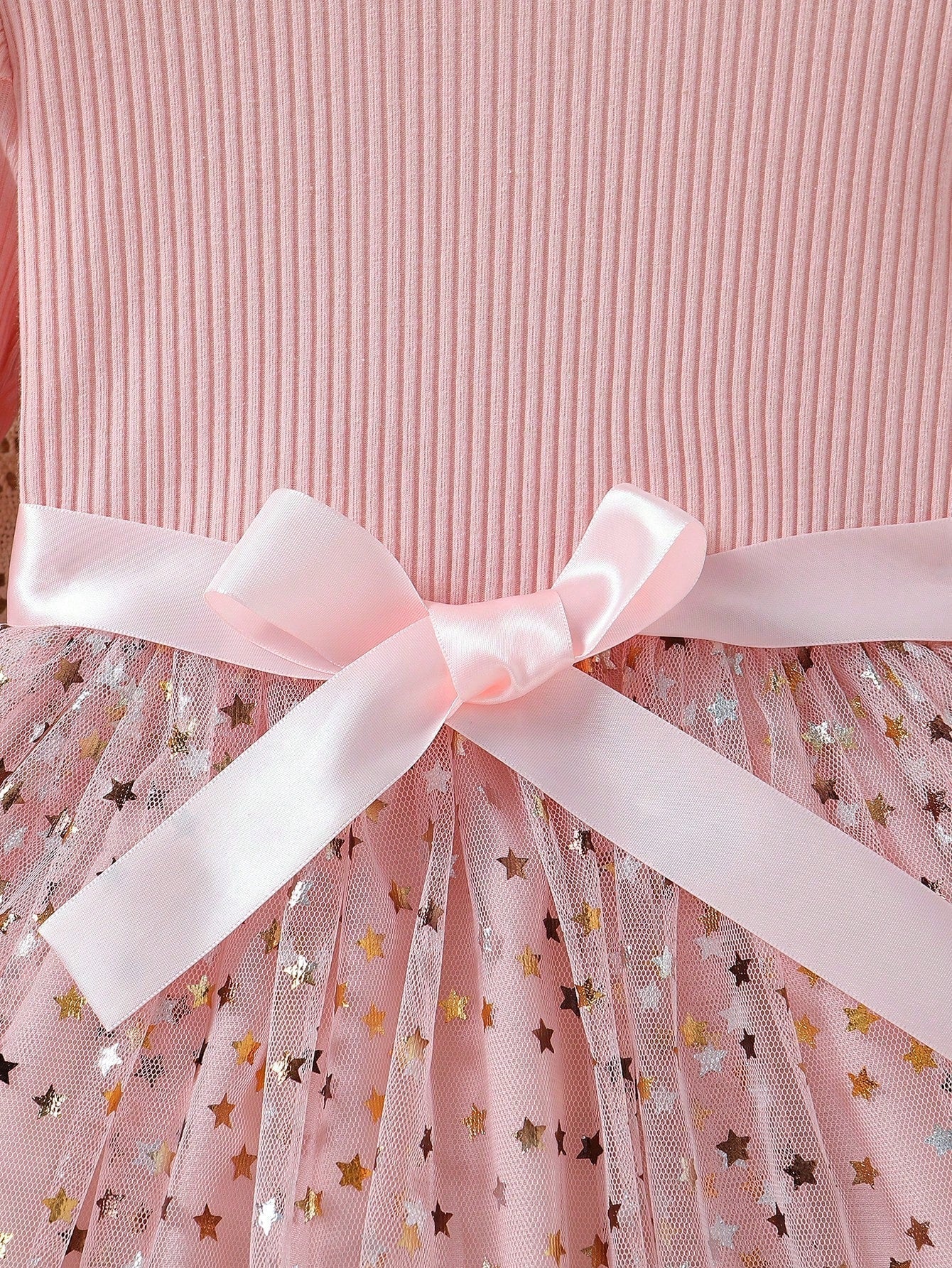 Little Girl'S Knitted Long-Sleeved Tutu Skirt Star Mesh Princess Dress