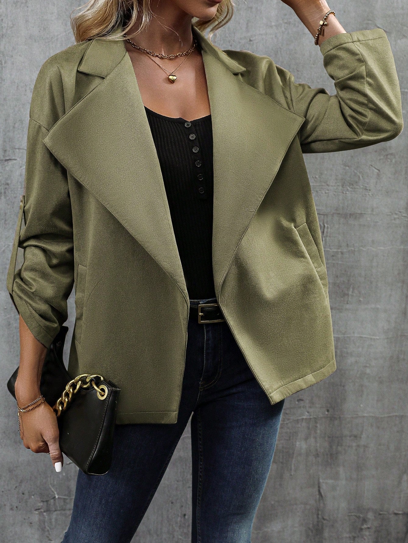 Waterfall Collar Roll Tab Sleeve Open Front Jacket