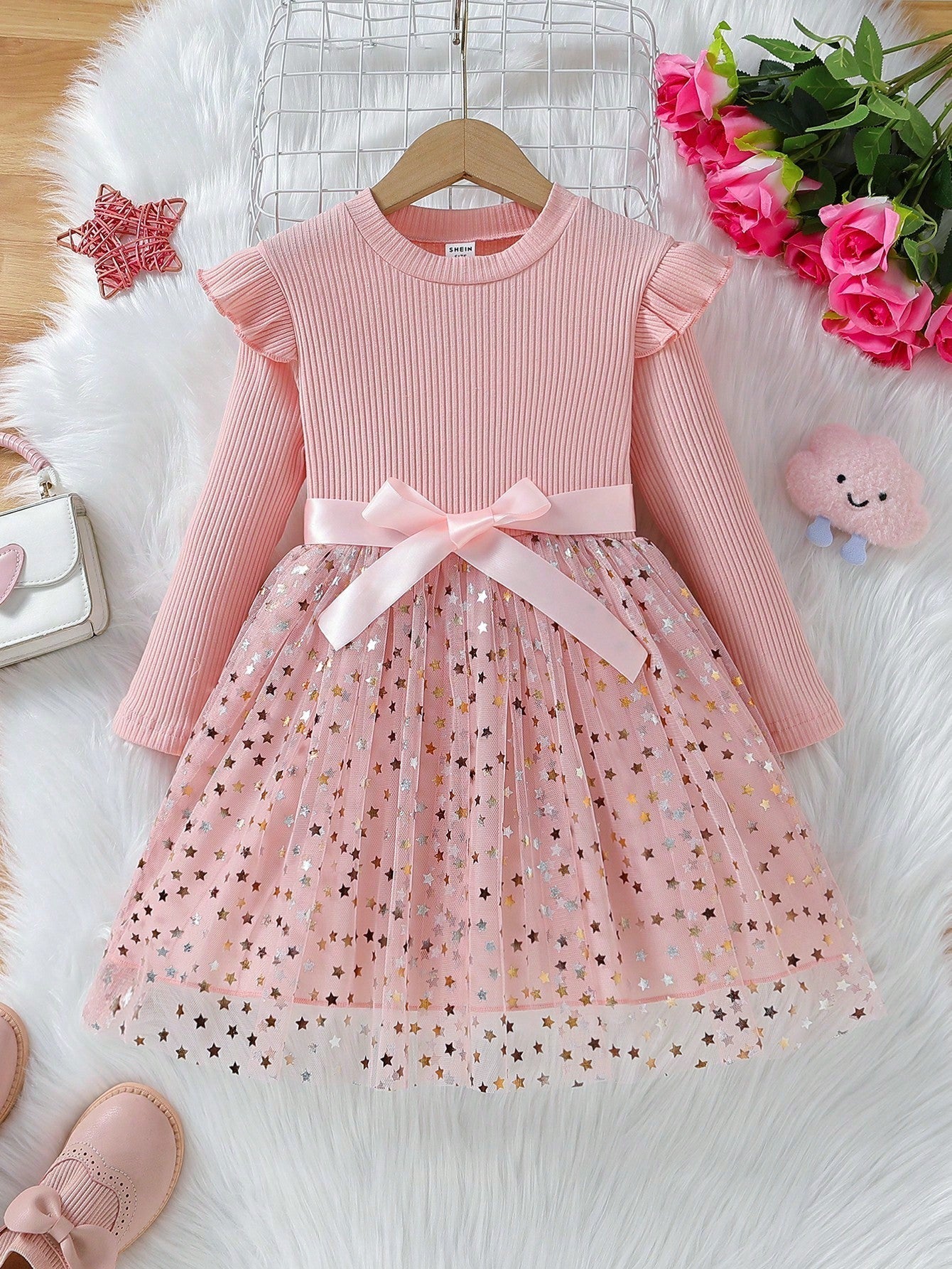 Little Girl'S Knitted Long-Sleeved Tutu Skirt Star Mesh Princess Dress