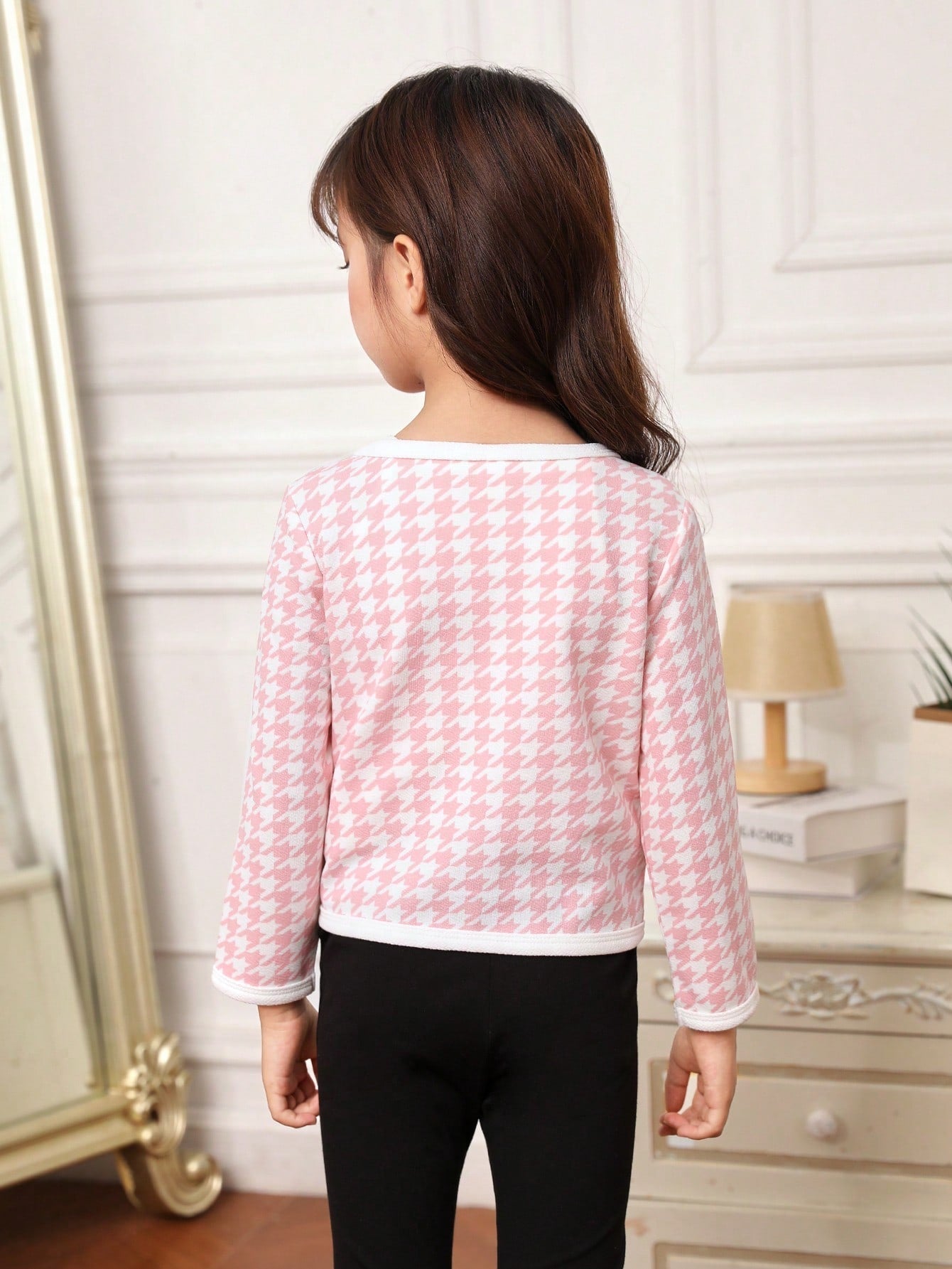 SHEIN Kids FANZEY Young Girl Houndstooth Print Open Front Jacket