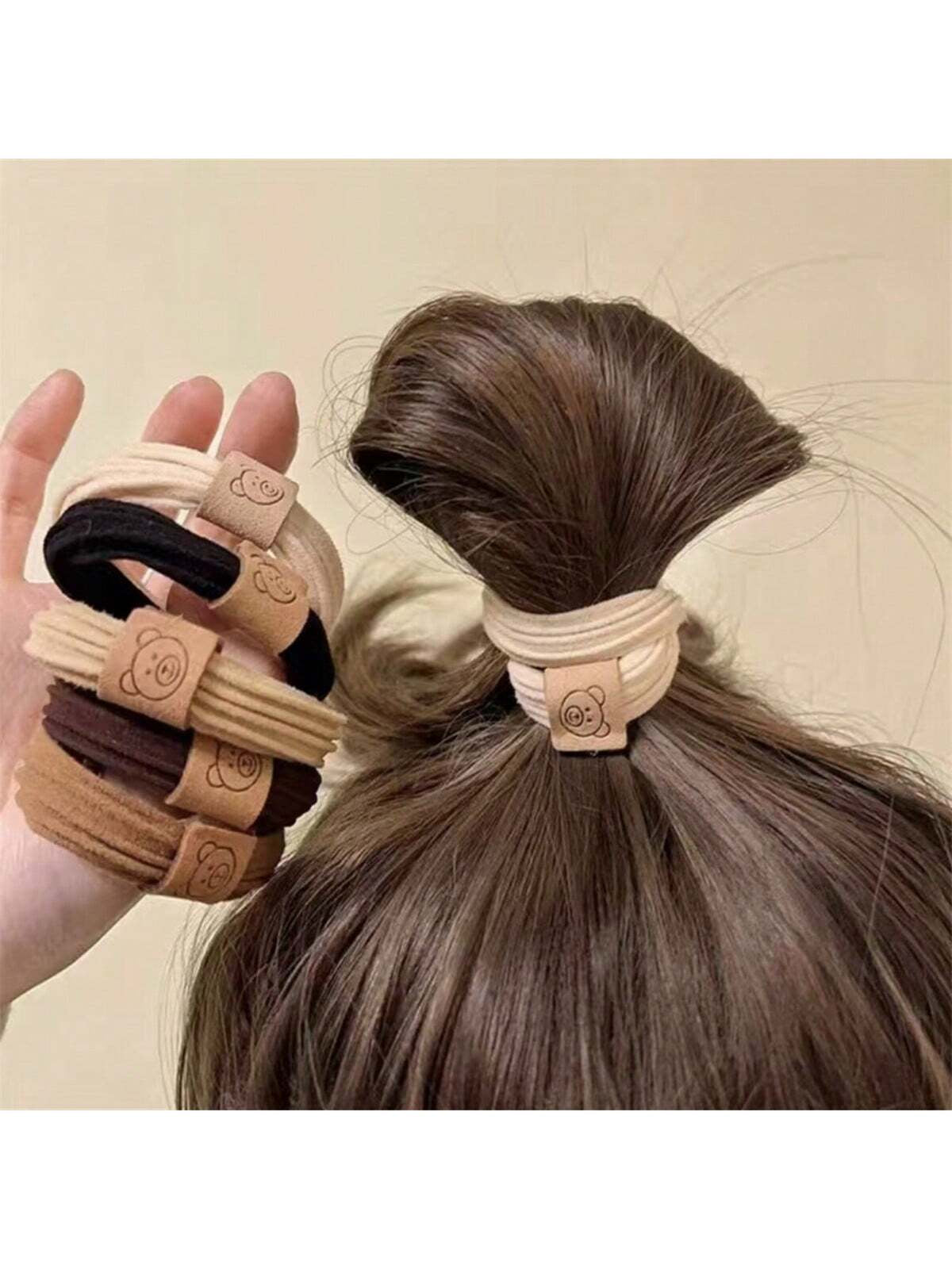 5Pcs Cute Bear Pattern Hair Tie Solid Color Elastic Hair Rope Ponytail Holder Girls Hair Accessories